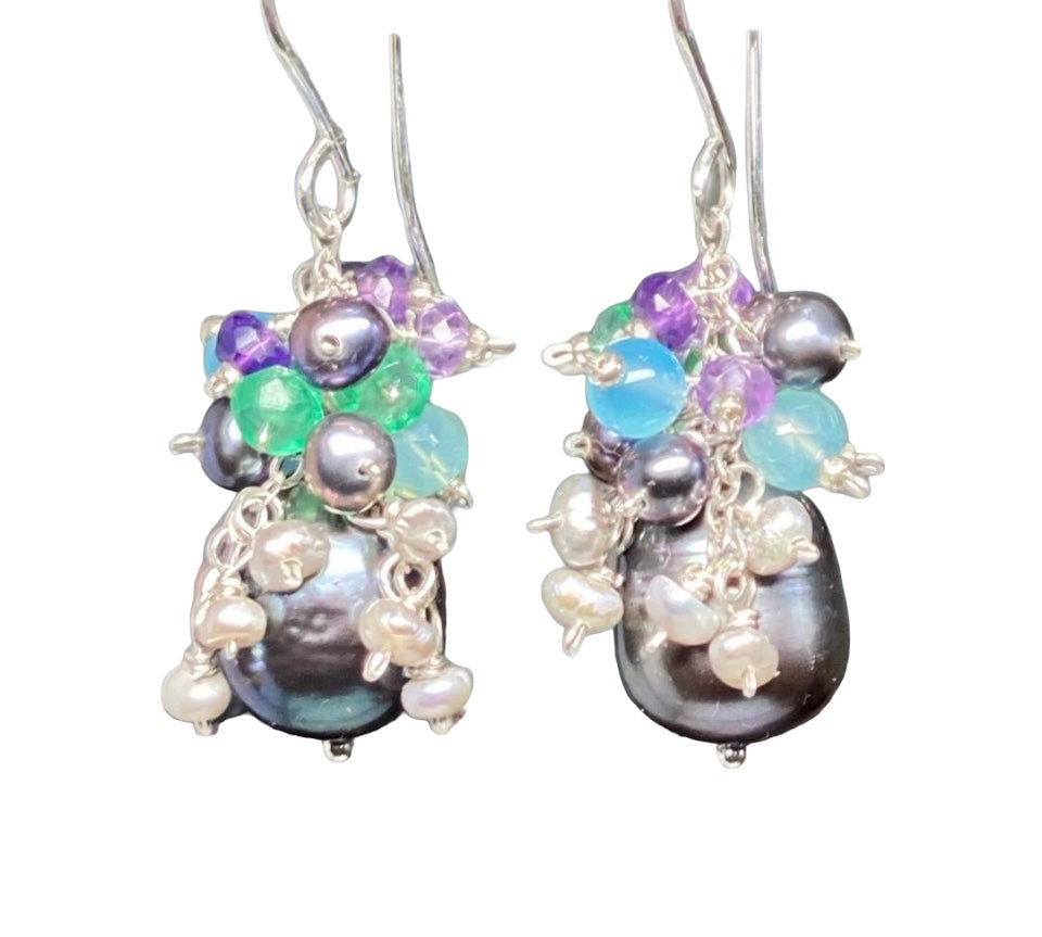 Peacock Pearl, Amethyst, Blue Aqua Chalcedony, Cluster Waterfall Earrings