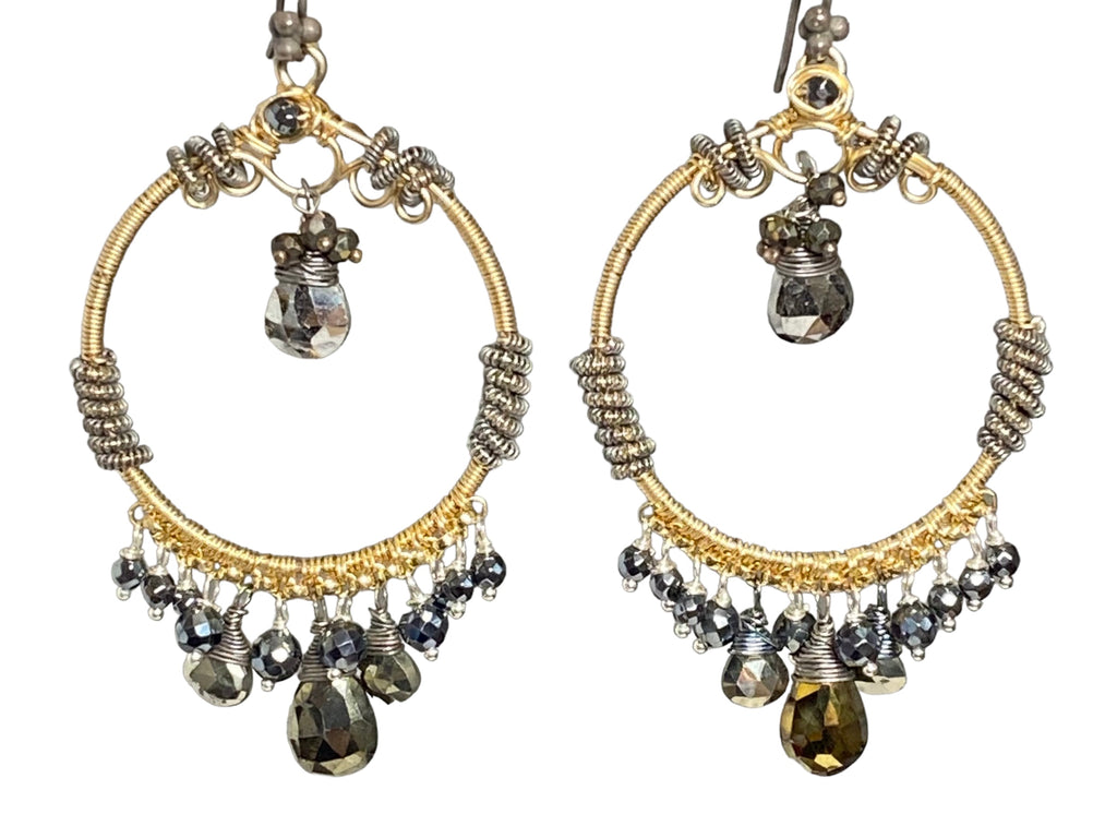 Gold Hoop Earrings with Pyrite Mixed Metals Coiled Silver