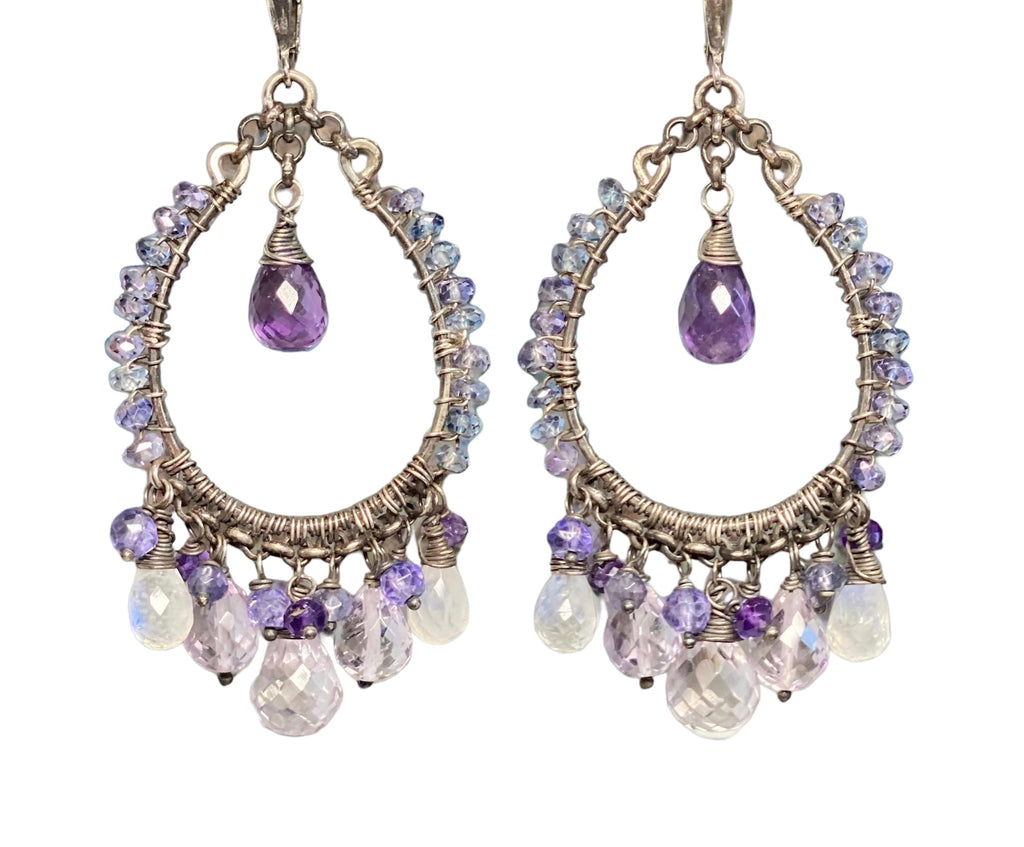 Amethyst Moonstone Oxidized Sterling Silver Hoop Earrings - Doolittle
