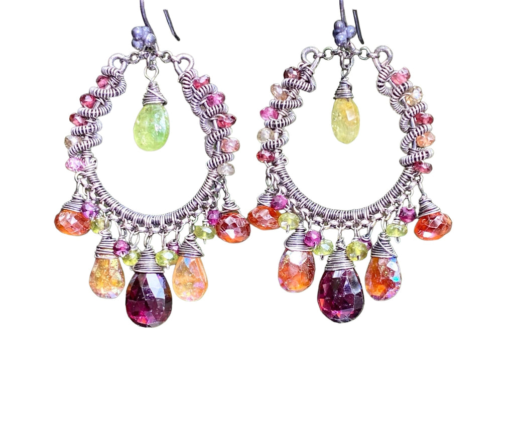 Multi-color Garnet Chandelier Hoop Earrings Coiled Oxidized Sterling Silver