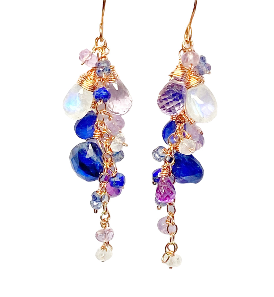 Blue Violet Rose Gold Dangle Earrings - Moonstone, Kyanite, Amethyst, Violet Quartz