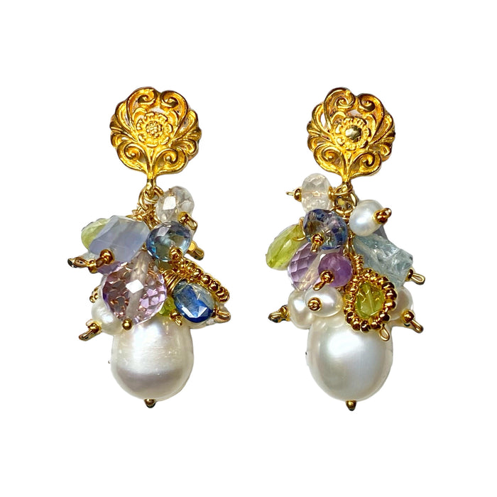 Pastel Gemstone Cluster Pearl Earrings Aquamarine Gold