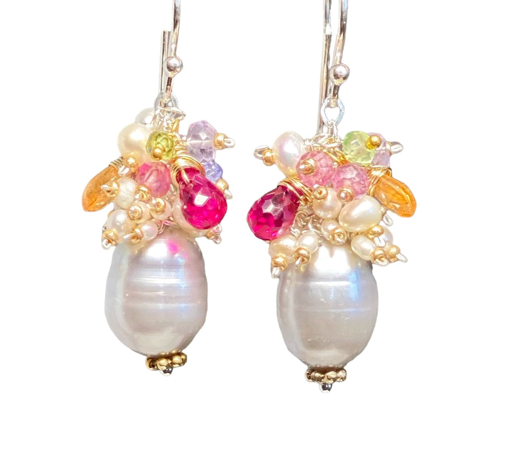 Silver Gray Platinum Baroque Pearl Gemstone Cluster Earrings Mixed Metal