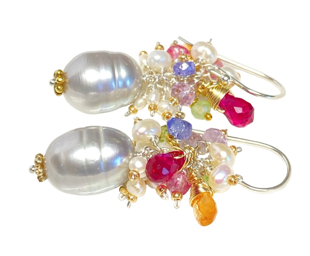 Silver Gray Platinum Baroque Pearl Gemstone Cluster Earrings Mixed Metal