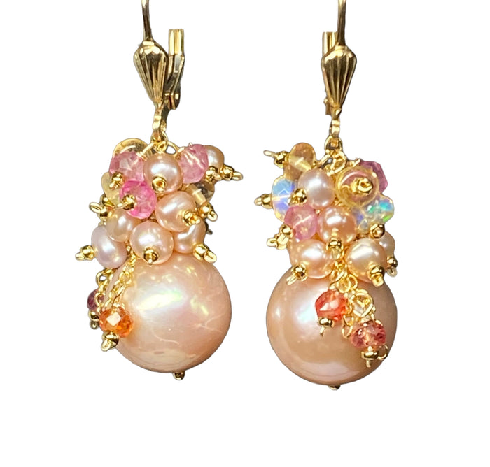 Pink Round Pearl and Gem Cluster Wedding Earrings
