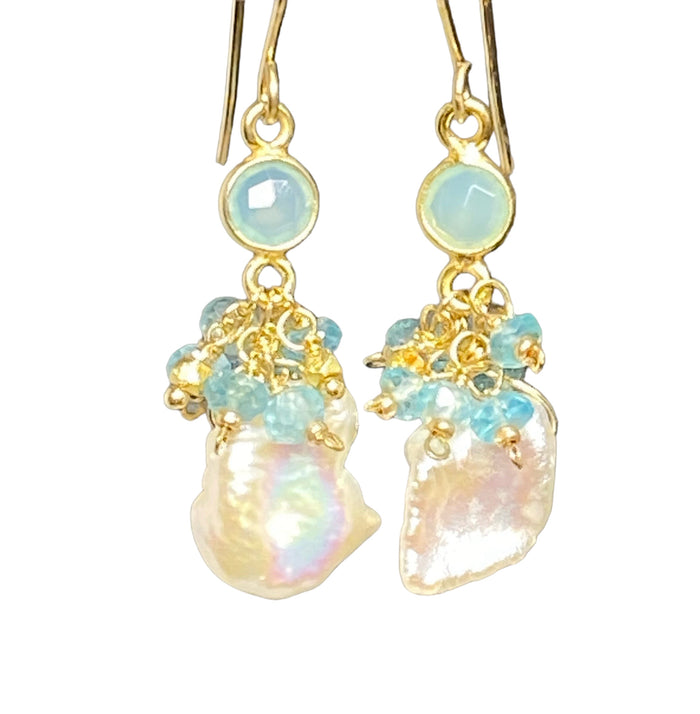 Keishi Pearl and Aqua Gemstone Cluster Dangle Earrings