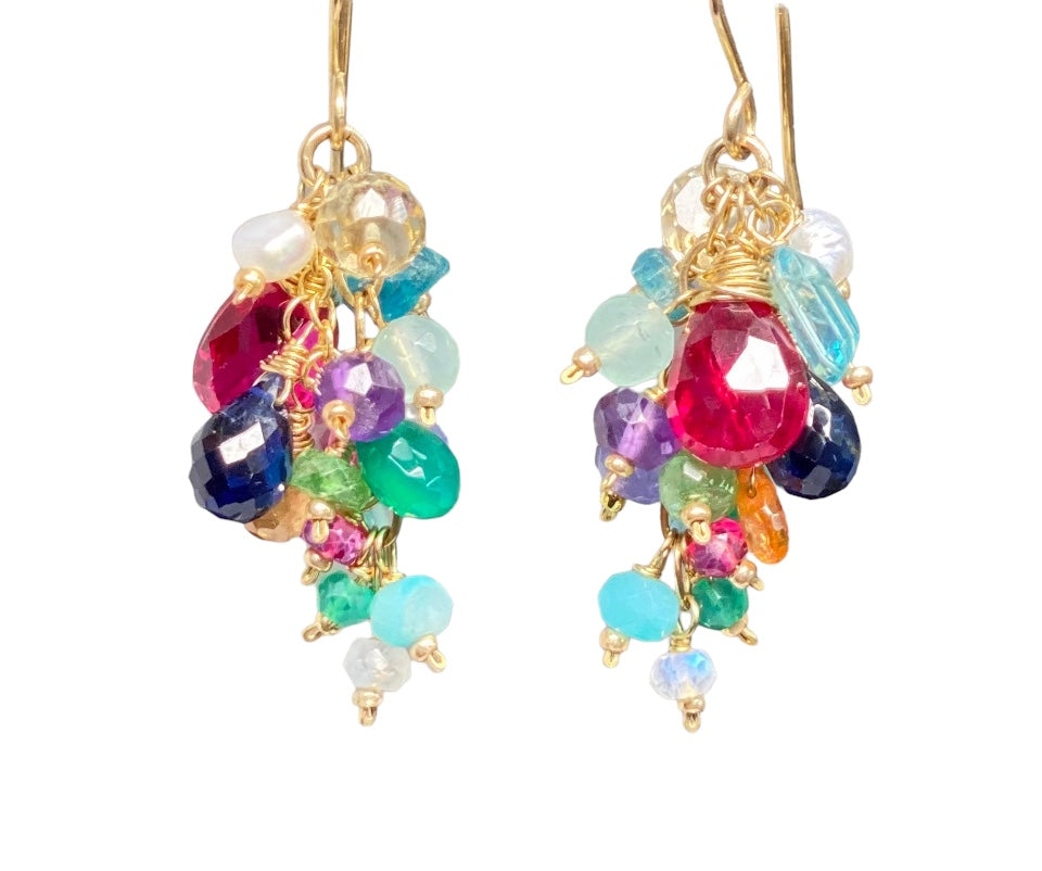 Rainbow Gemstone Cluster Dangle Earrings with Pink Red Topaz Gold Fill