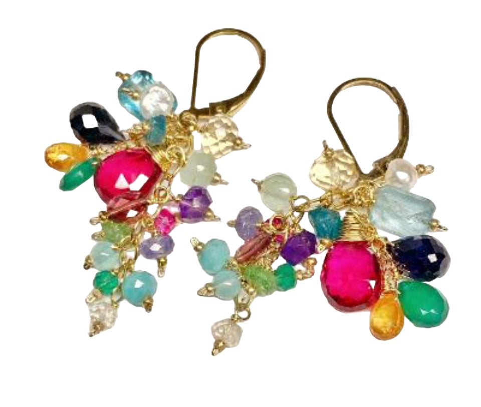 Rainbow Gemstone Cluster Dangle Earrings with Pink Red Topaz Gold Fill