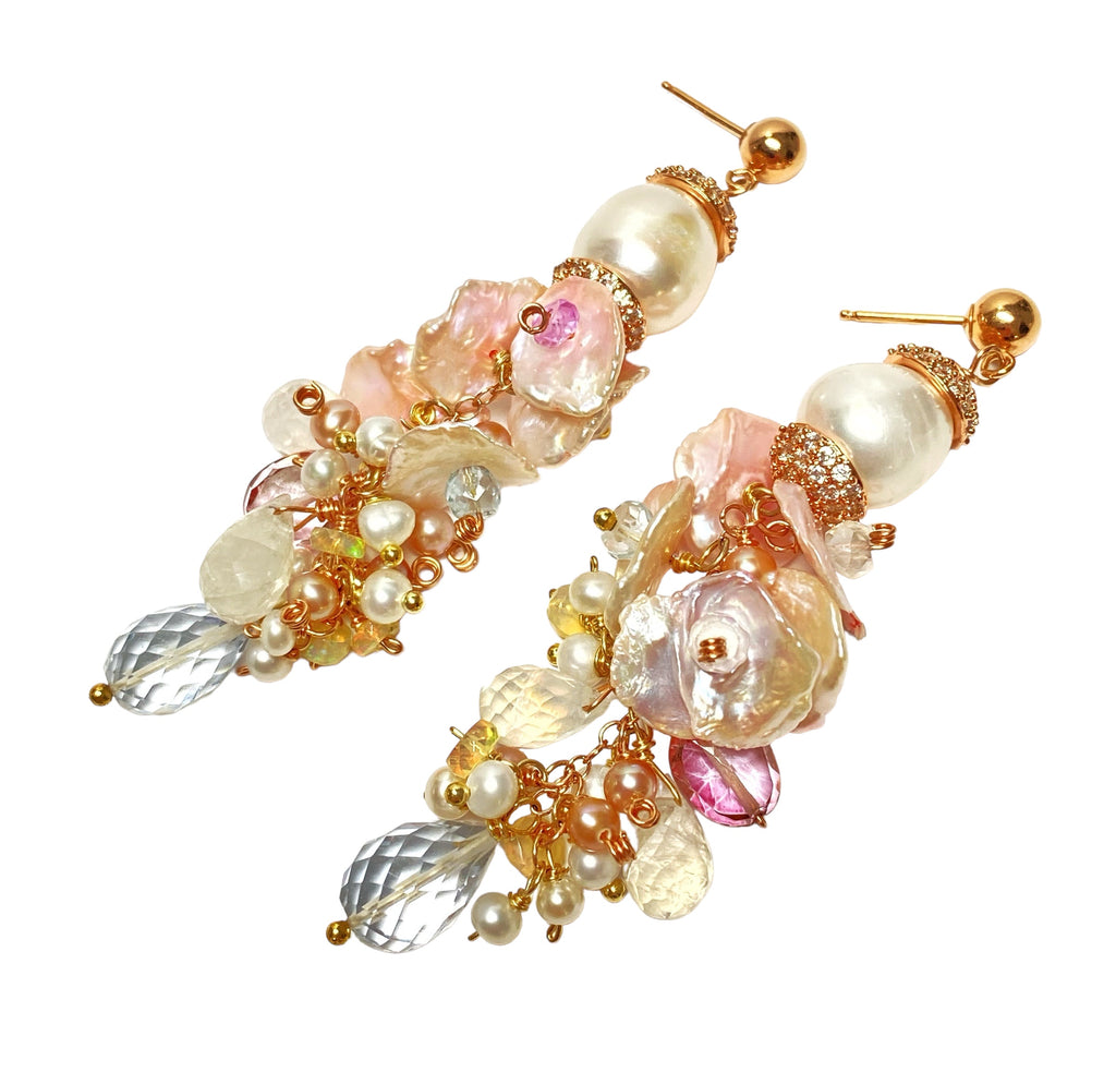 Blush Keishi Pearl Pink Topaz Ivory Pearl Rose Gold Long Dangle Bridal Earrings