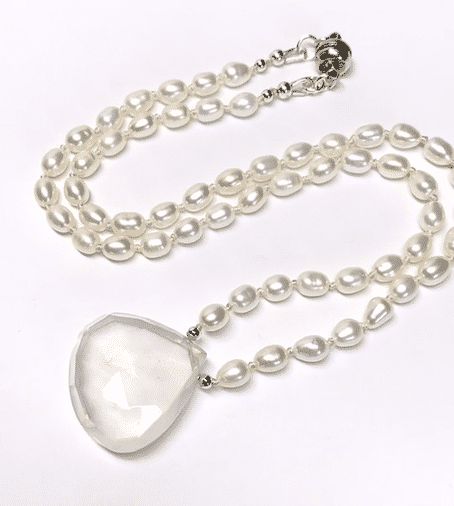 White Quartz Pendant Hand Knotted Pearl Necklace, Sterling Silver