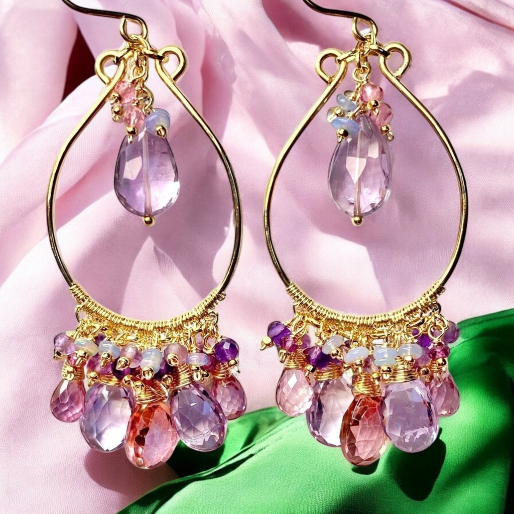 Gemstone Statement Chandelier Earrings in Pink, Lavender, Violet 2