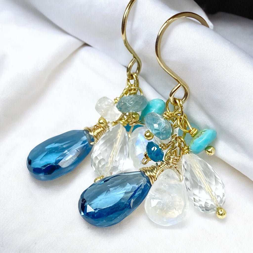 Gem dangle earrings with London blue topaz, rainbow moonstone, crystal quartz and turquoise in gold fill