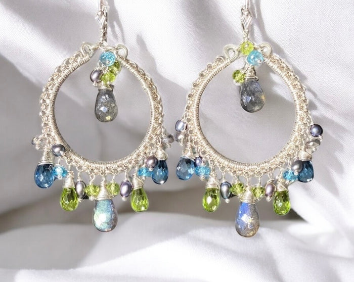 London Blue Topaz Labradorite Gemstone Hoop Earring Sterling Silver