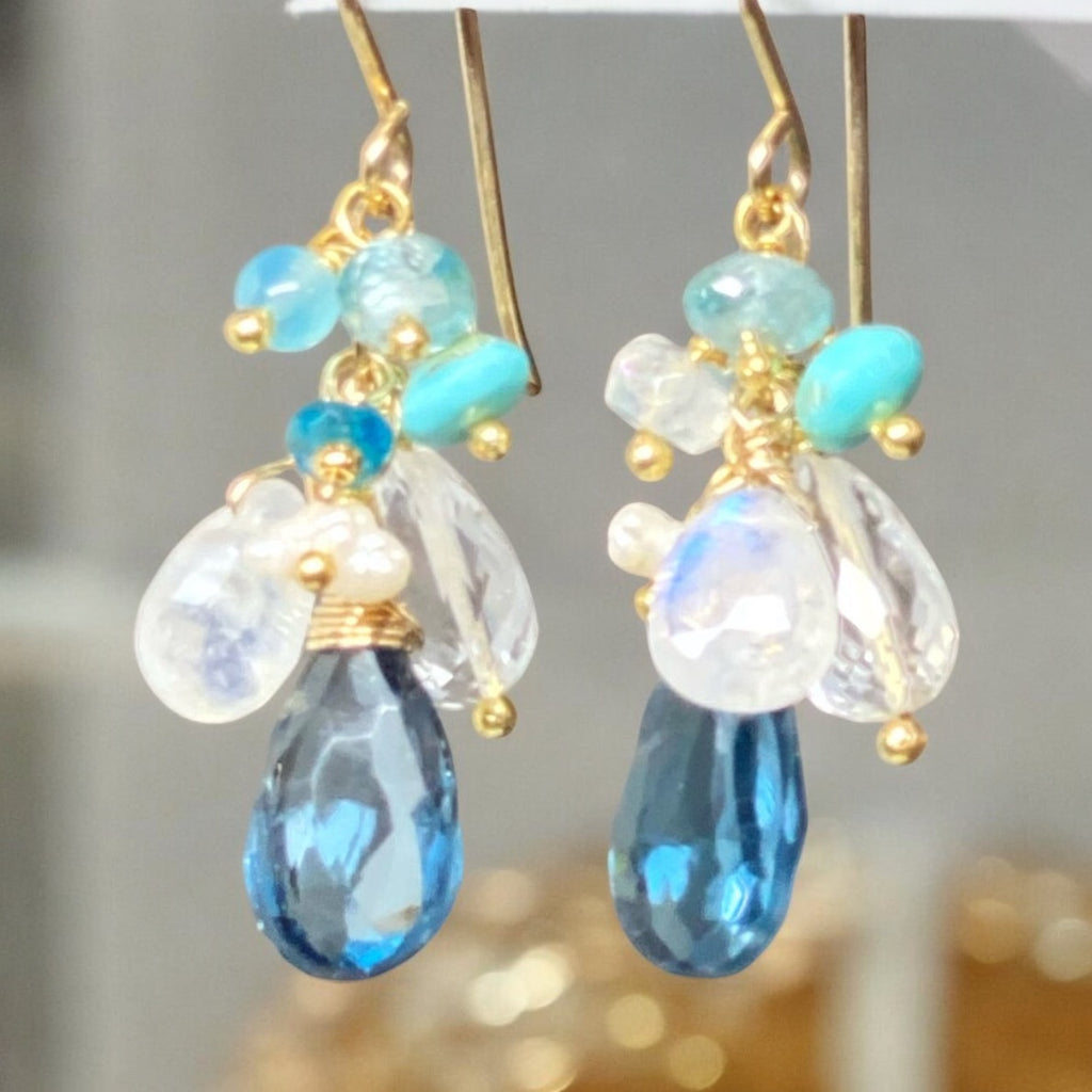 London Blue Topaz, Moonstone, Crystal Quartz Dangle Earrings, Gold Fill