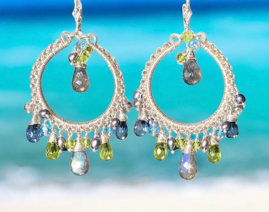 London Blue Topaz Labradorite Gemstone Hoop Earring Sterling Silver