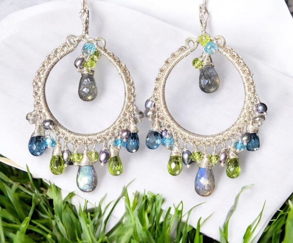 London Blue Topaz Labradorite Gemstone Hoop Earring Sterling Silver