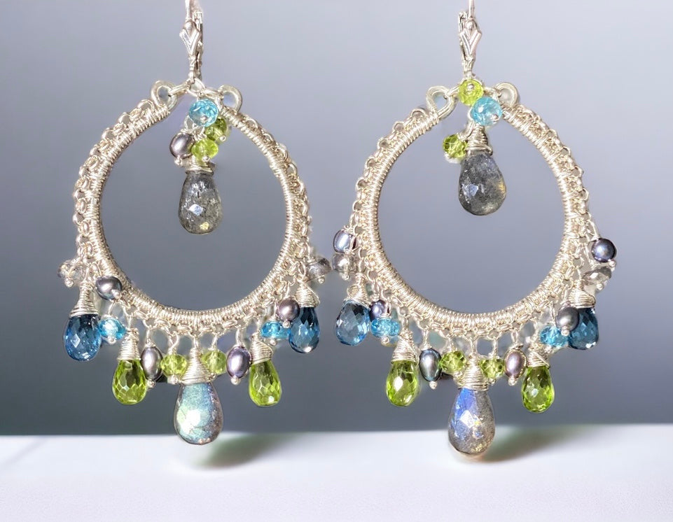London Blue Topaz Labradorite Gemstone Hoop Earring Sterling Silver