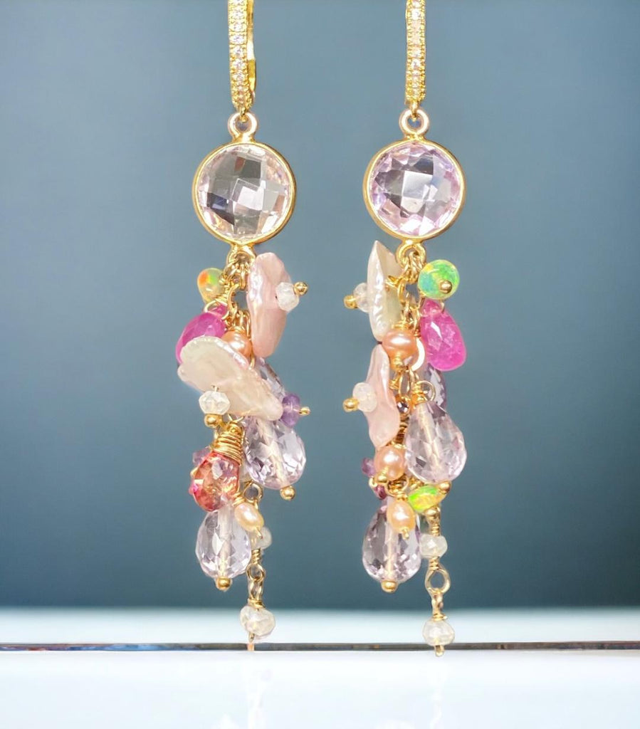 Keishi Pearl Pastel Pink Lavender Cascade Wedding Earrings