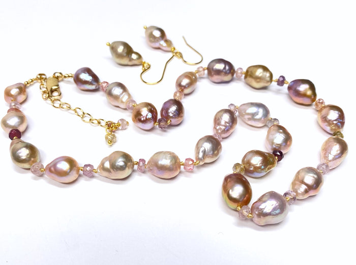 Baroque Metallic Pearl Necklace with Spinel Gemstones, Silk Knotted, Gold Fill