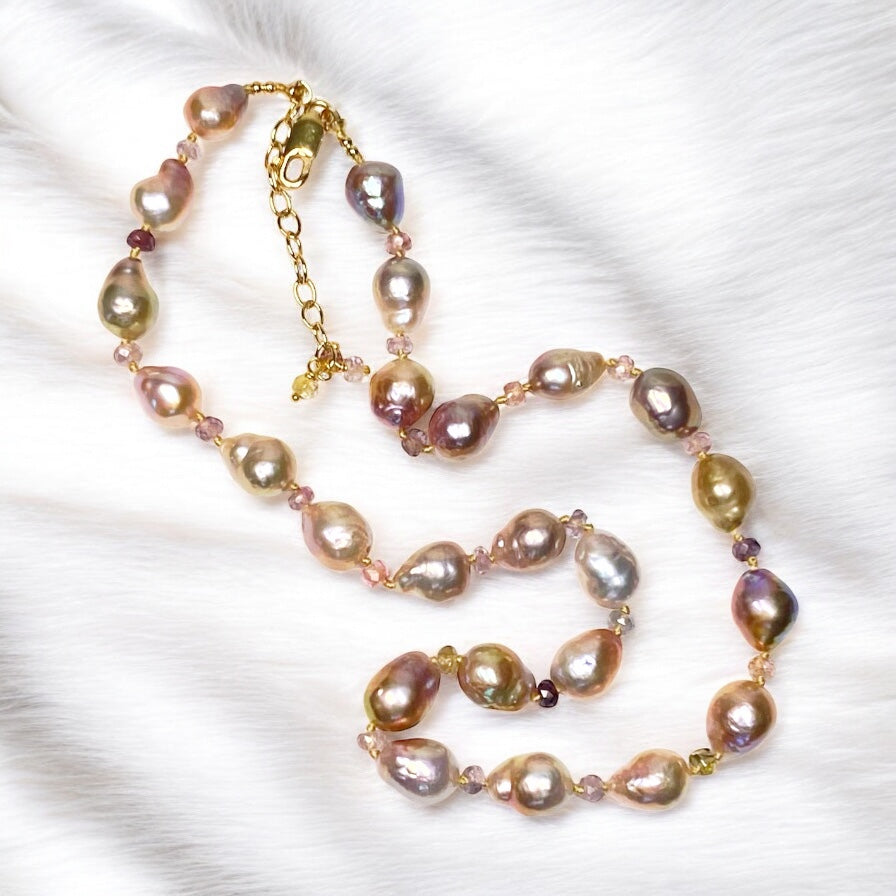 Baroque Metallic Pearl Necklace with Spinel Gemstones, Silk Knotted, Gold Fill