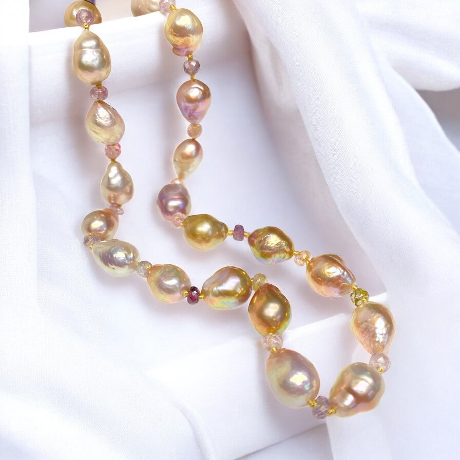 metallic baroque pearls and spinel silk knotted necklace and earrings set