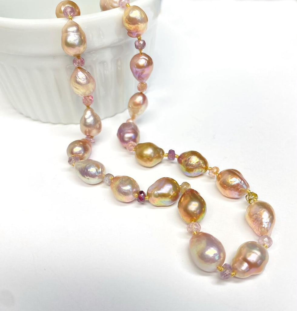 Baroque Metallic Pearl Necklace with Spinel Gemstones, Silk Knotted, Gold Fill