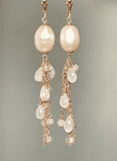 Rose Gold Pearl Moonstone Clear Zircon Long Dangle Earrings