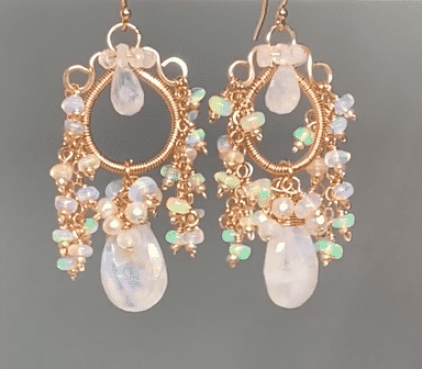 Rainbow Moonstone Opal Statement Rose Gold Chandelier Earrings Boho Bridal 2