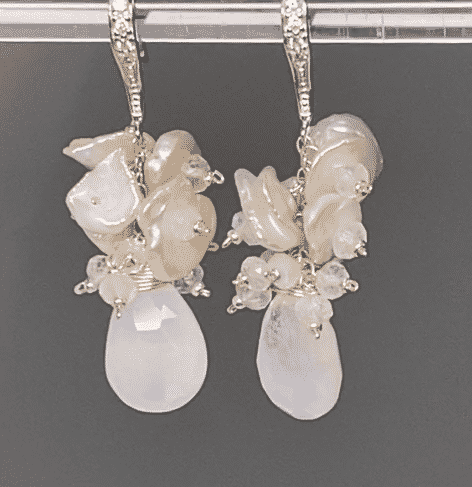 Rainbow Moonstone Keishi Cluster Bridal Earrings Sterling Silver