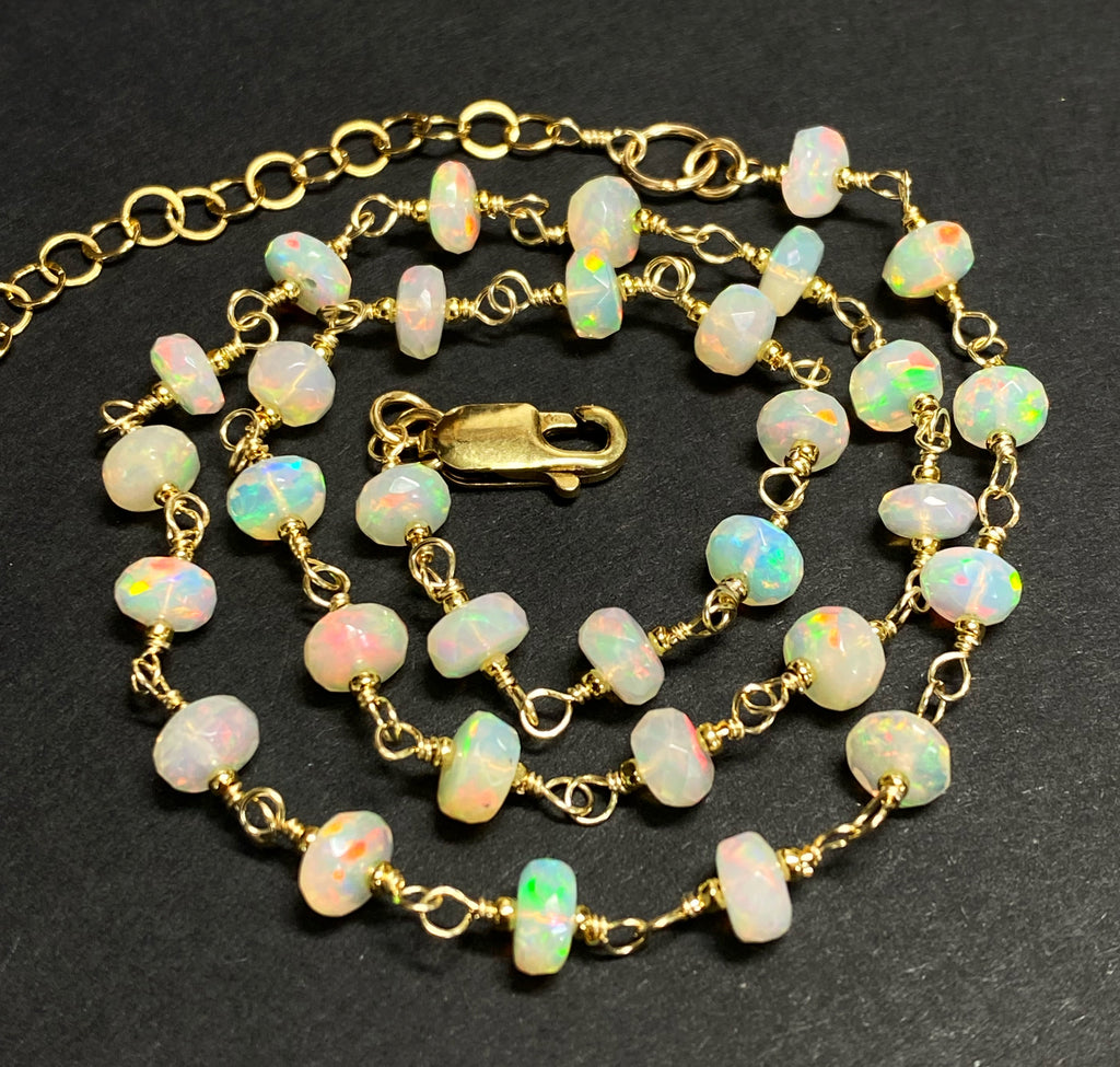 Ethiopian Opal AAAA Wire Wrap Rosary Chain Choker Necklace Gold Fill