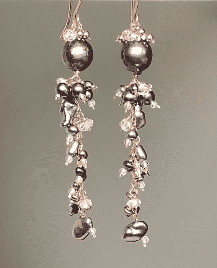 Black Peacock Pearl and Herkimer Crystal Dangle Earrings Rose Gold