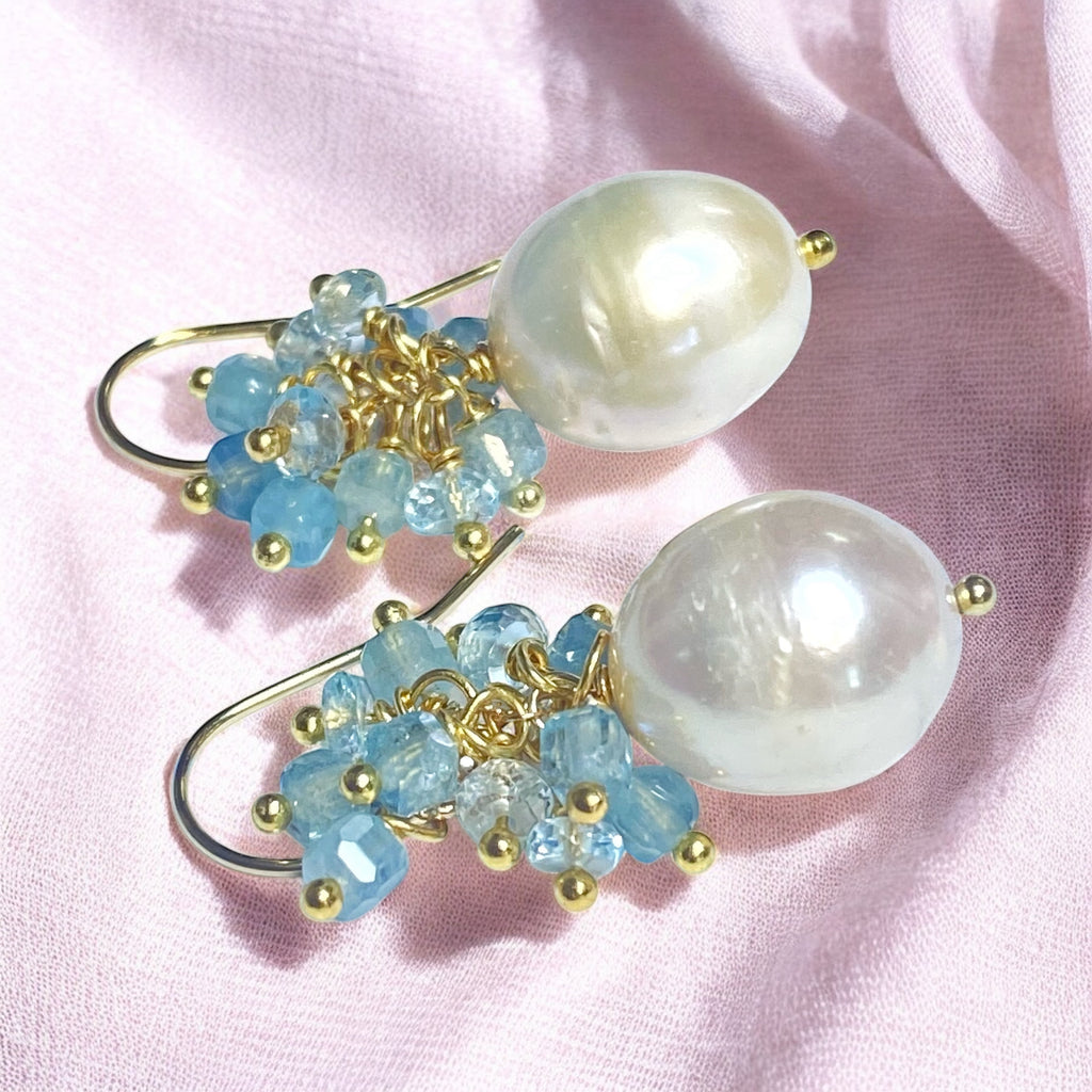 Pearl Cluster Earrings with Blue Aquamarine, Blue Topaz, Gold Fill or Sterling Silver
