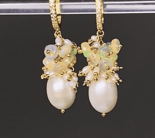 Pearl and Opal Cluster Earrings Gold