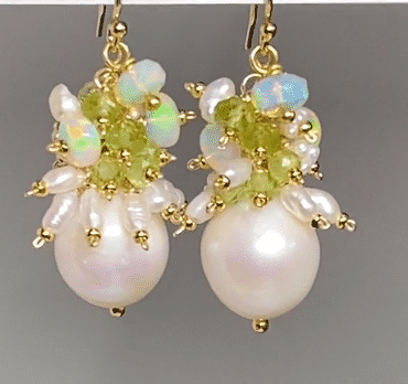 Peridot, Opal, Pearl Cluster Earrings Gold Fill 2