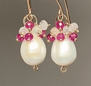 Pearl Earrings with Ruby, Opal, Keishi Pearl Clusters, Gold Fill