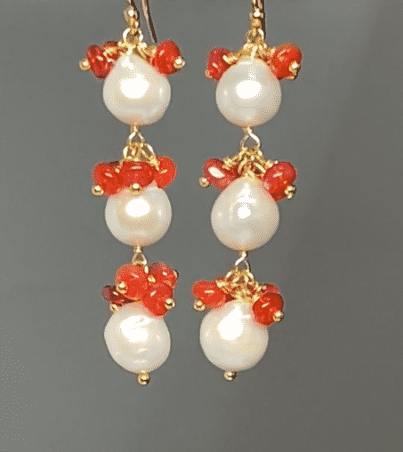 Pearl and Red Ethiopian Opal Long Dangle Earrings Gold