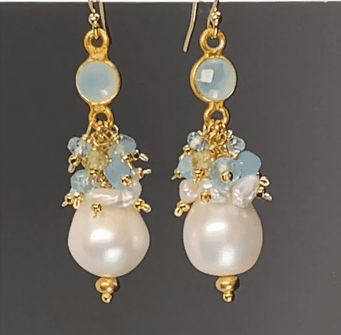 Pearl Cluster Earrings with Peridot, Aquamarine, Apatite in Gold