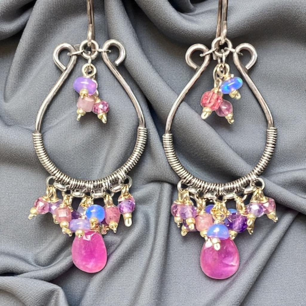 Pink Sapphire Oxidized Silver Hoop Chandelier Earrings, Mixed Metals 3