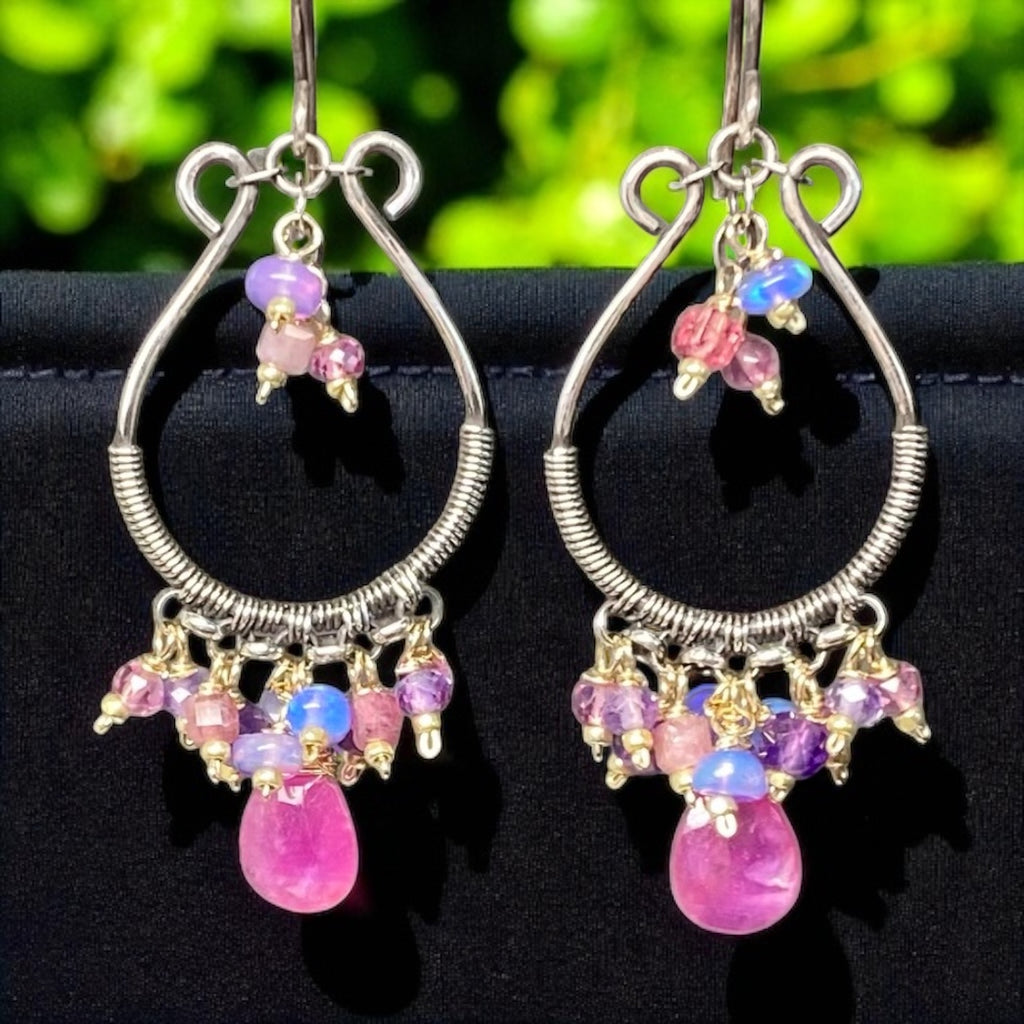 Pink Sapphire Oxidized Silver Hoop Chandelier Earrings, Mixed Metals 3