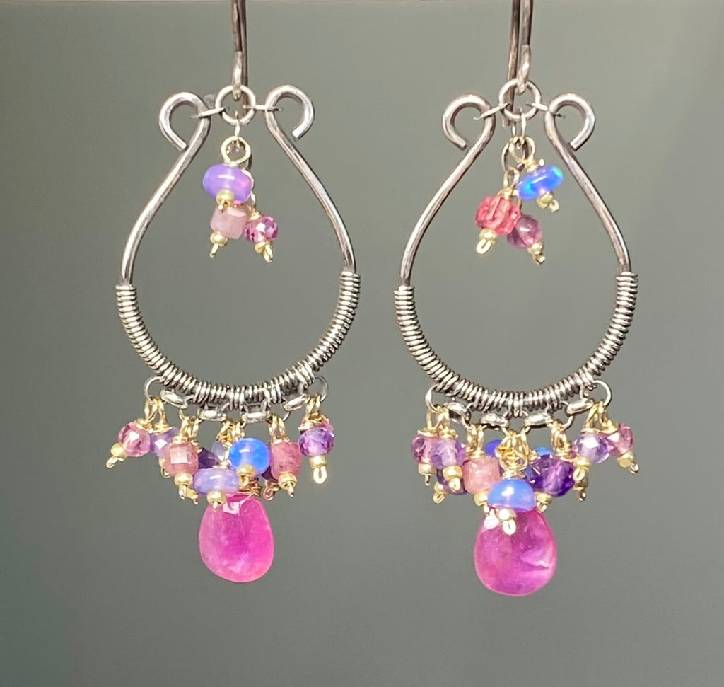 Pink Sapphire Oxidized Silver Hoop Chandelier Earrings, Mixed Metals 3