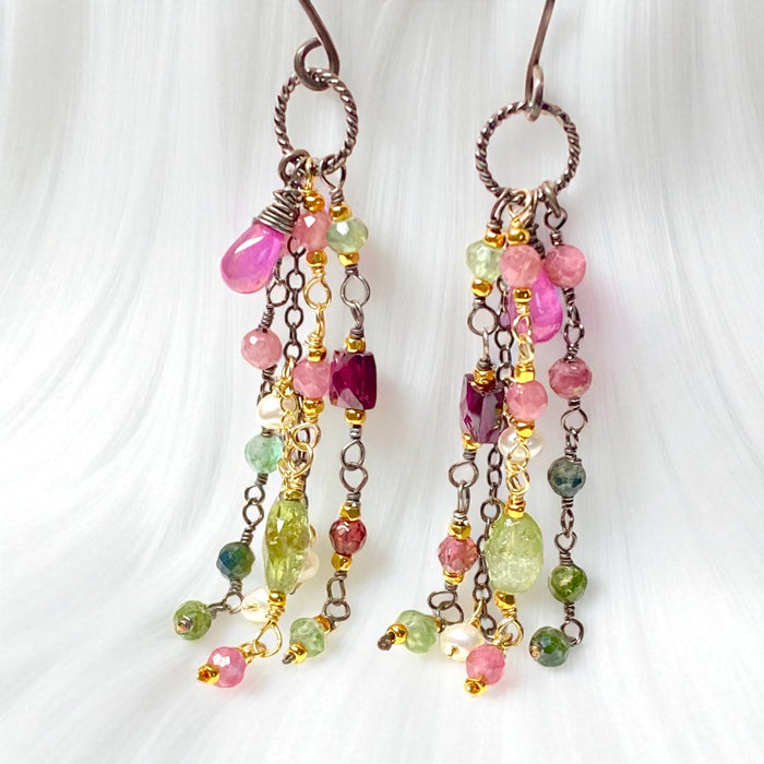 Pink Sapphire, Pink and Green Tourmaline Gemstone Long Dangle Earrings