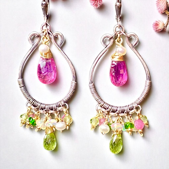 Pink Sapphire, Peridot, Oxidized Silver Hoop Chandelier Earrings, Mixed Metals 3