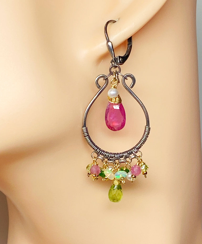 Pink Sapphire, Peridot, Oxidized Silver Hoop Chandelier Earrings, Mixed Metals 3