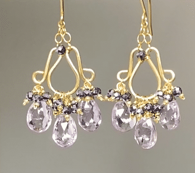 Pink Amethyst Chandelier Earrings Gold Fill with Black Clusters