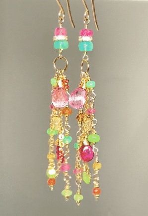 Pink Sapphire, Green Gemstone Gold Fill Long Dangle Earrings
