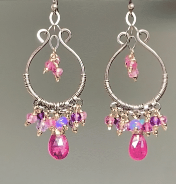 Pink Sapphire Oxidized Silver Hoop Chandelier Earrings, Mixed Metals 3