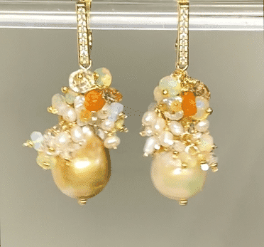 Pond-slime Baroque Pearl and Gemstone Cluster Earrings 3