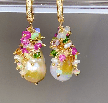 Pond-slime Baroque Pearl and Gemstone Cluster Earrings with Violet Sapphire