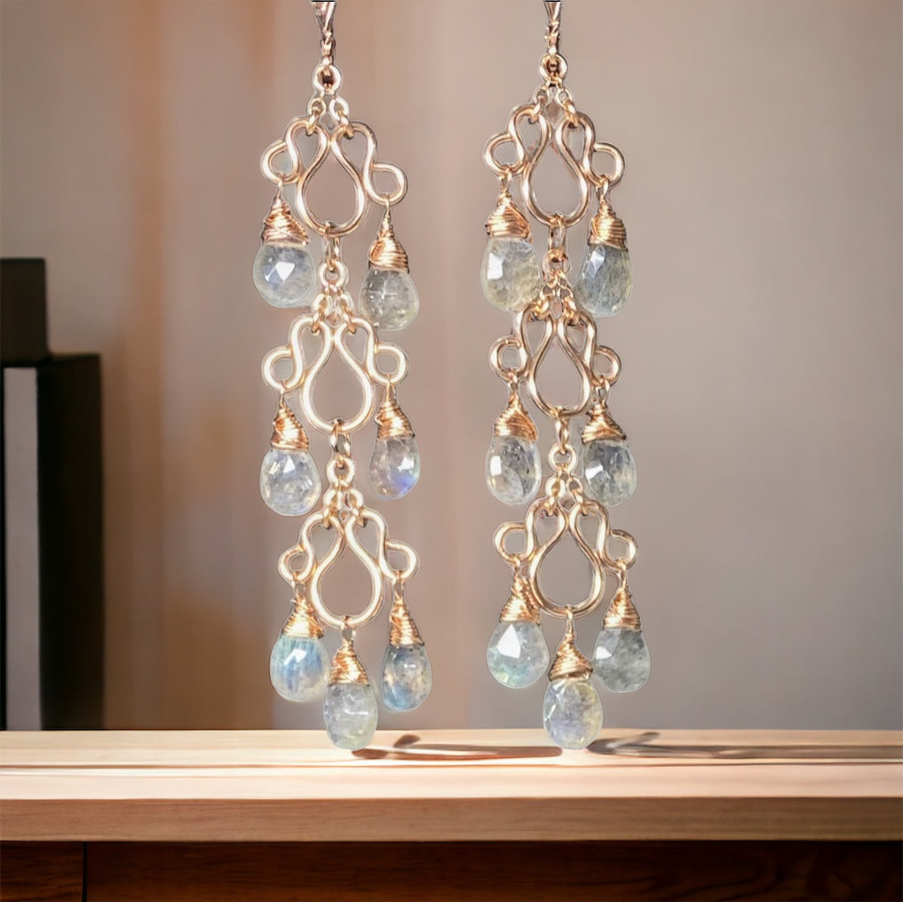 Long Labradorite Chandelier Earrings Rose Gold
