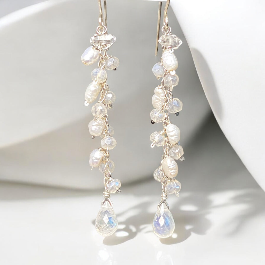 Rainbow Moonstone and Pearl Long Dangle Earrings - Rose Gold, Sterling Silver, Gold Fill